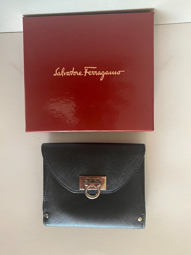 Salvatore Ferragamo Gancini Saffiano Black Leather Wallet, New W/Box