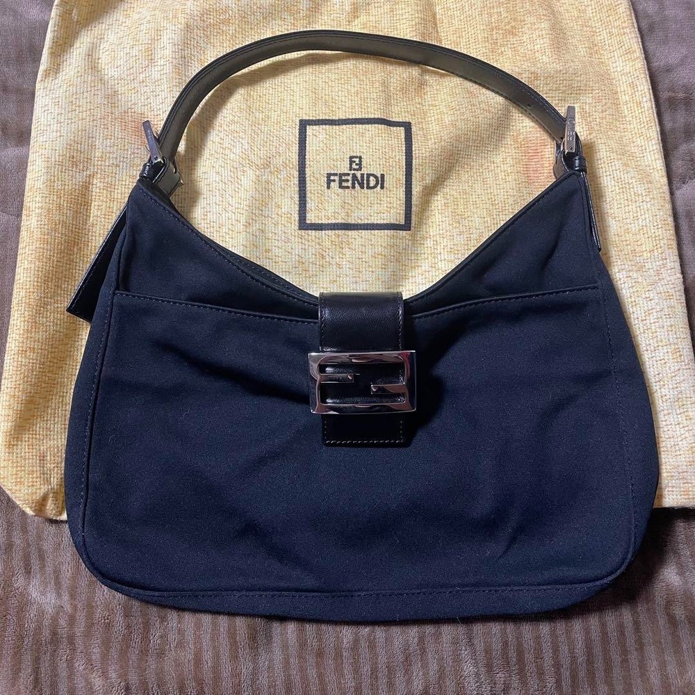 Authentic Fendi FF Logo Black Canvas Leather Shoulder Bag Pre-Owned Japan