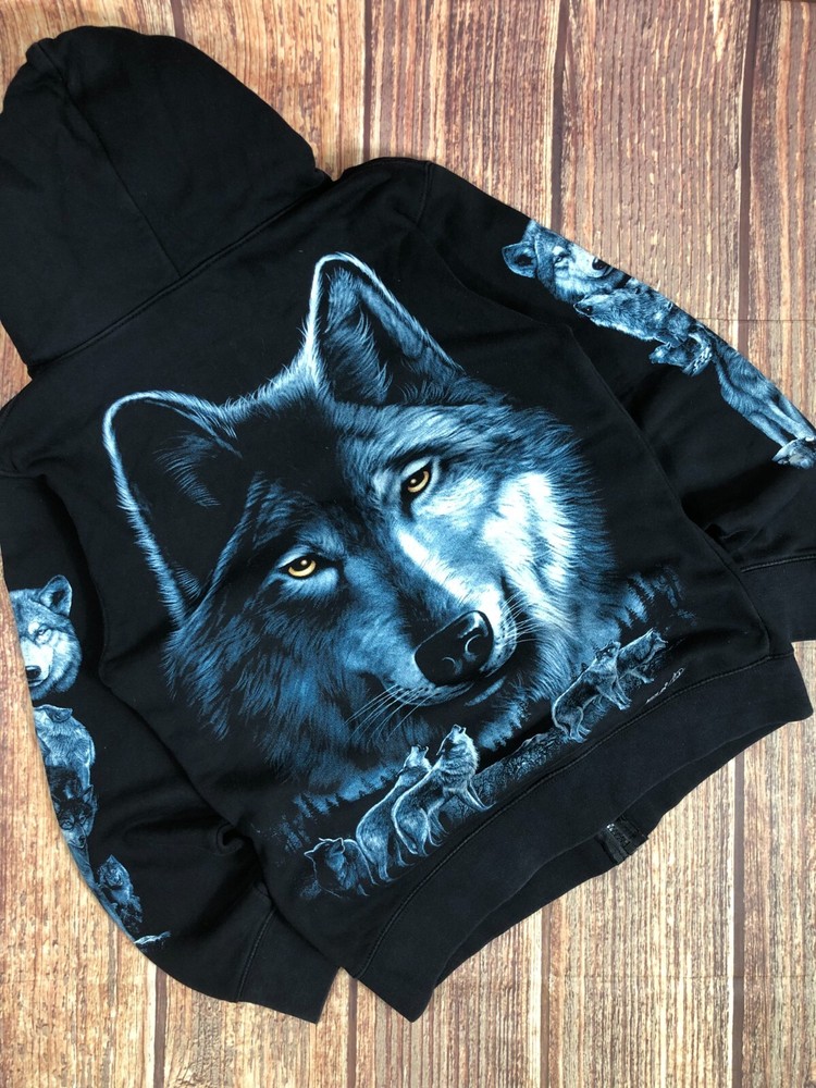 🔥 Y2K VINTAGE SPIRAL BLOOD SKULL FULL PRINTED BLACK HOODIE MENS SIZE S #184