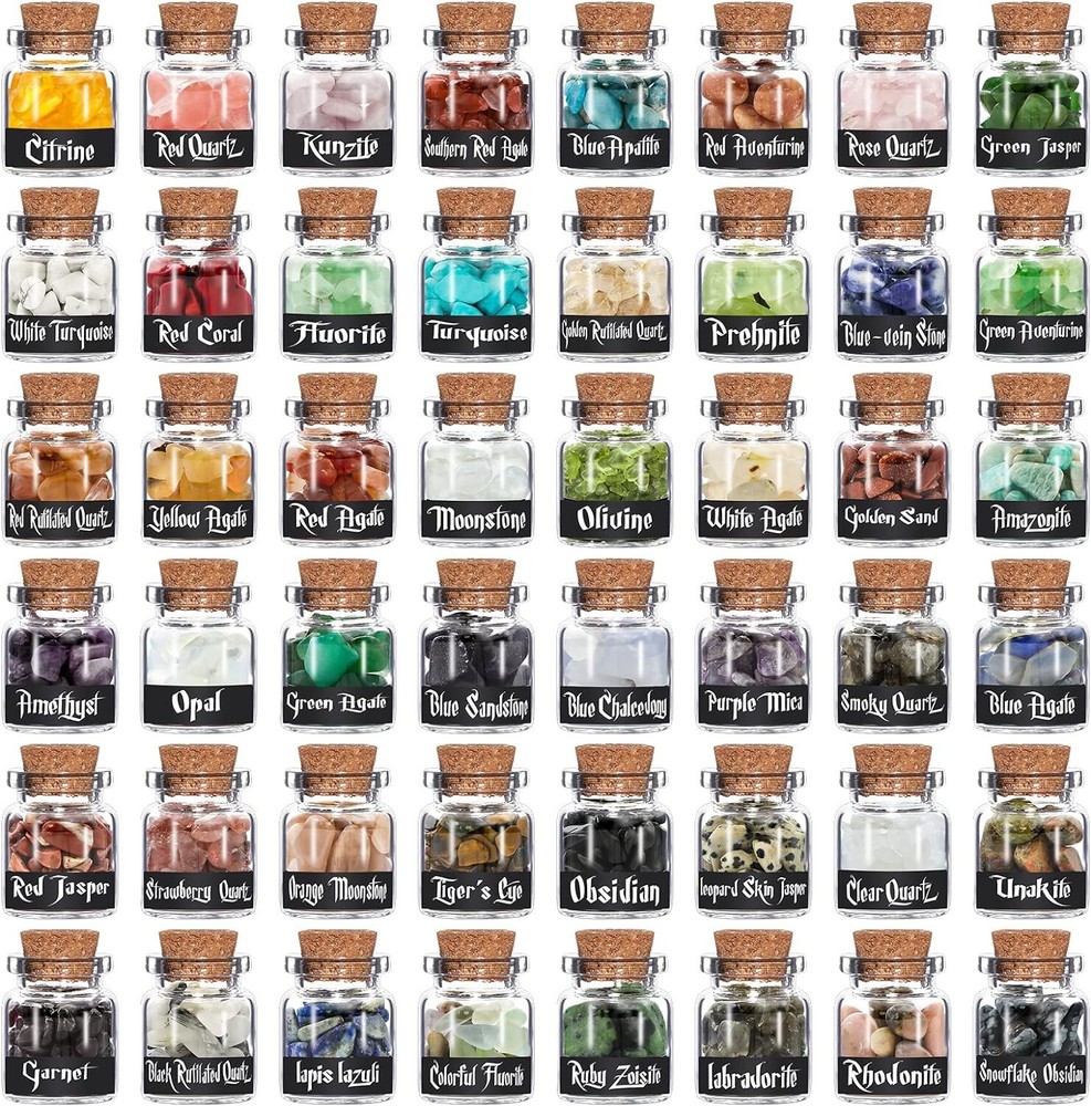 48 Mixed  Mini Bottles Gemstone Chips Crystal Healing Chakra Tumbled Stones BNIB