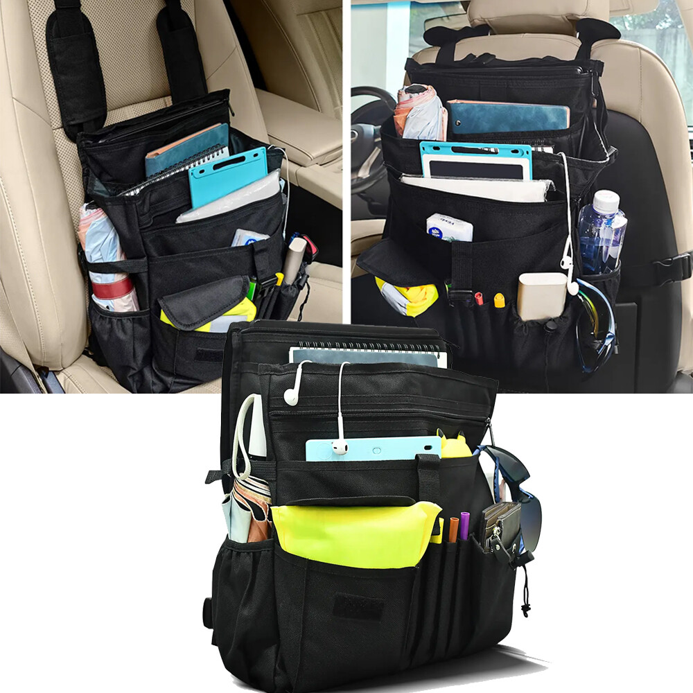 Black Car Office Front Seat Organizer 14 Pockets Laptop Storage Adjustable Strap