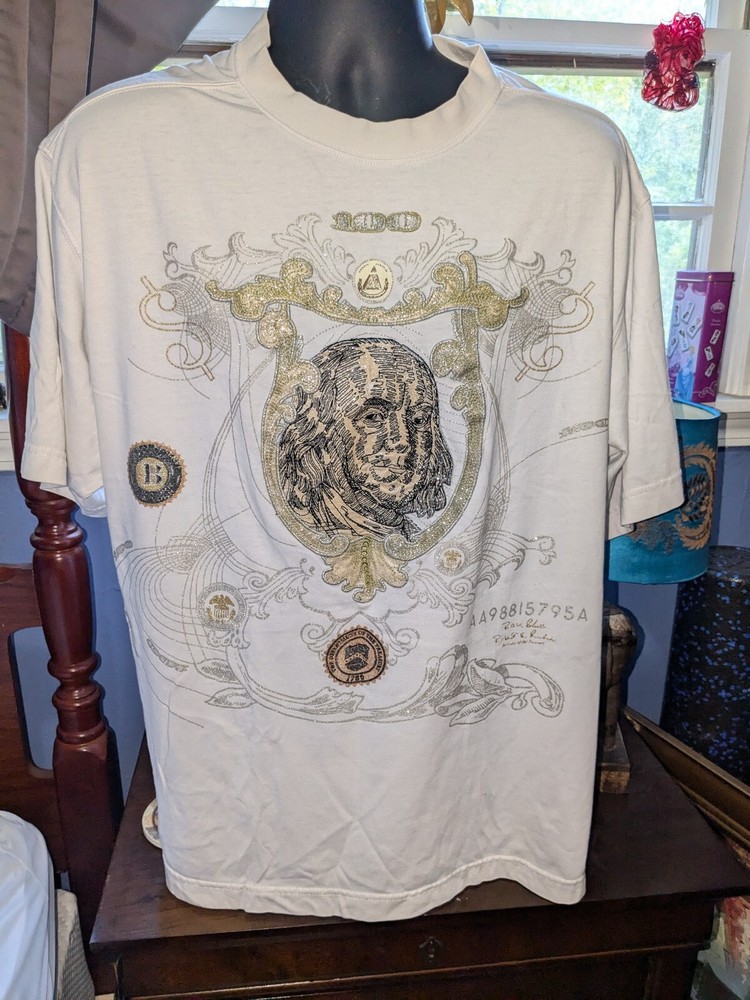Raw Blue Vintage Y2K Benjamin Franklin Dollar Bill Embroidery Tshirt Size L
