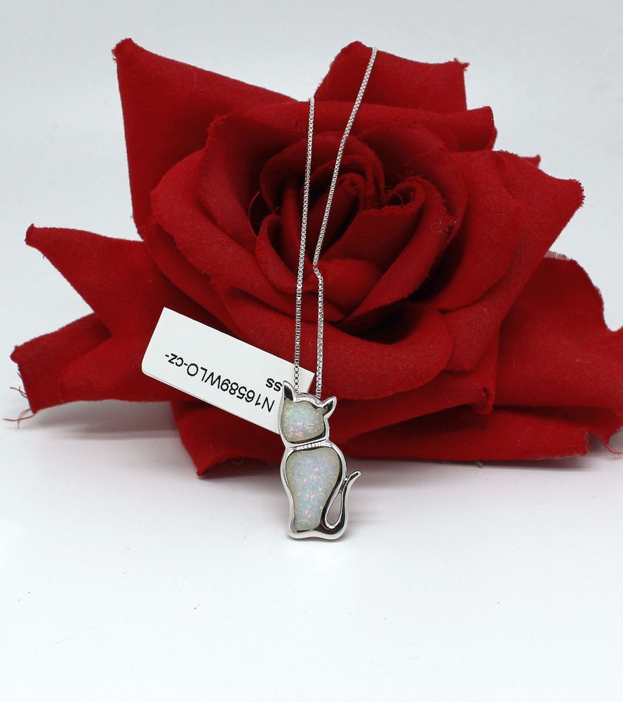 Sterling Silver Lab Created Opal Kitty Cat 16