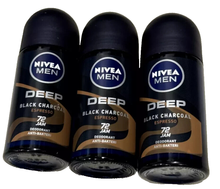 3-Pack Nivea Men - Deep Black Charcoal Espresso Roll-On Deodorant - 50ml (each)