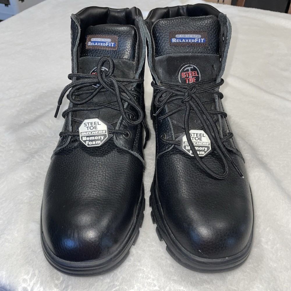 Skechers Relaxed Fit Steel Toe Black Leather Work Boots Men Size 14