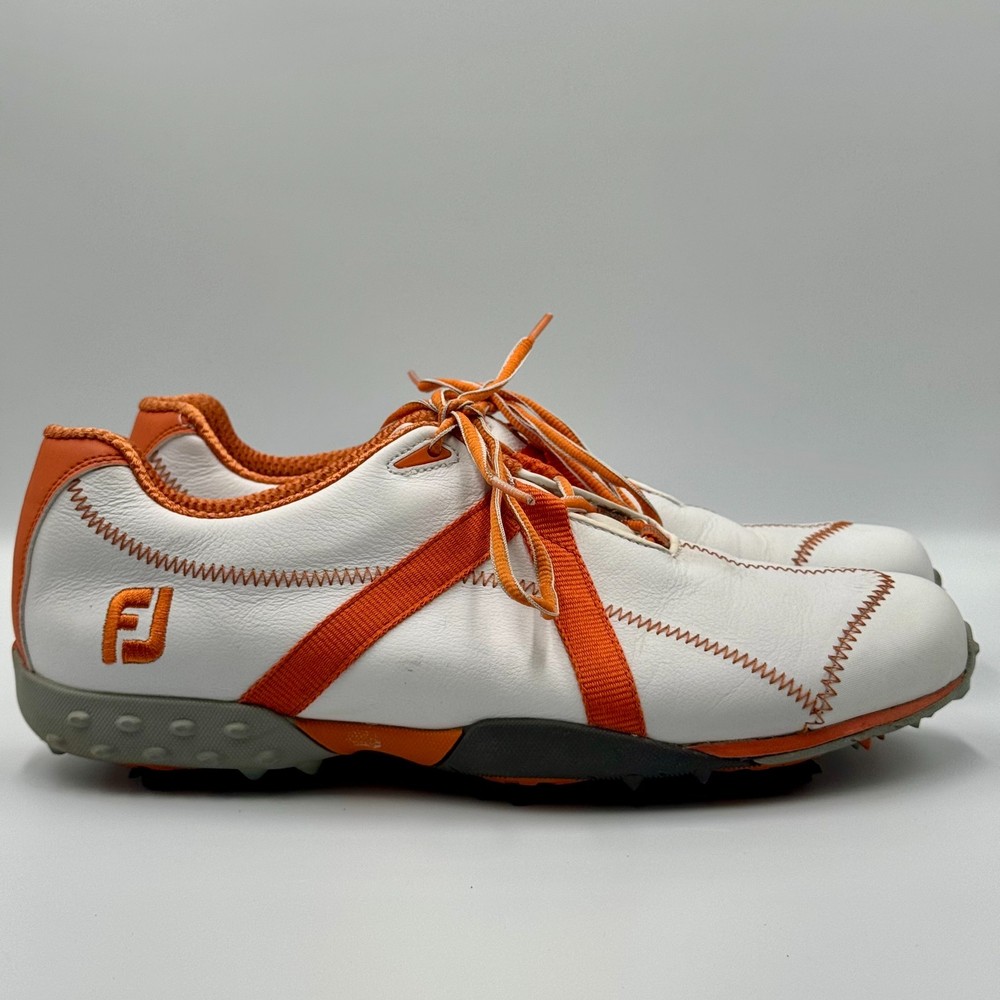 FOOTJOY M Project Men's 10 White/Orange Soft Spike Leather Golf Shoes