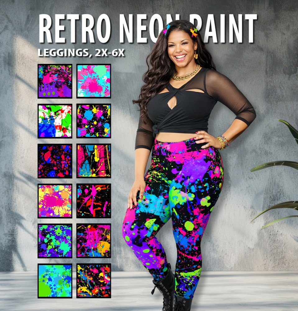 Retro 80s Neon Paint Splatter Plus Size Leggings #1 – 90s Style
