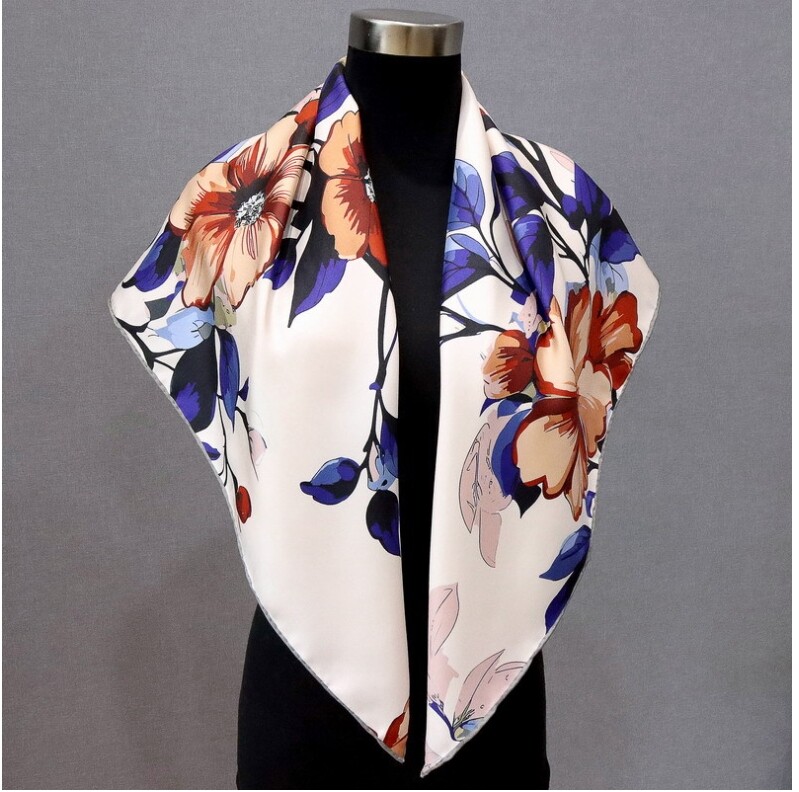 Pure 18 Momme Twill Silk Wrap Scarf Bandanna Begonia Print Square Shawl 35’’new