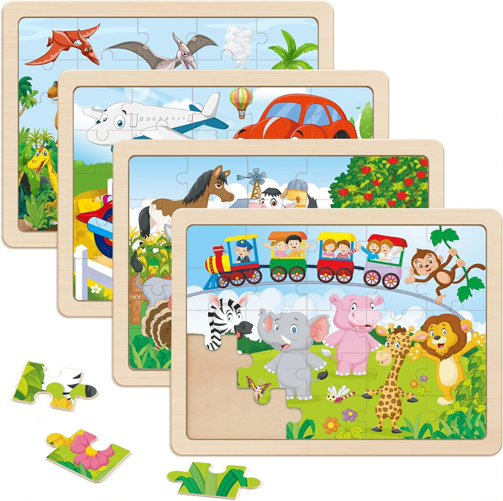 Wooden Puzzles for Kids Ages 4-6, 4 Pcs 24 Animals Cars Farm Dinosaur World Jigs
