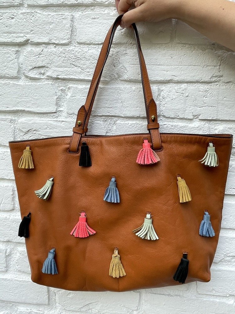 FOSSIL Leather Tote Bag Purse Brown Multi Colored Tassels EUC RARE! Very Nice!
