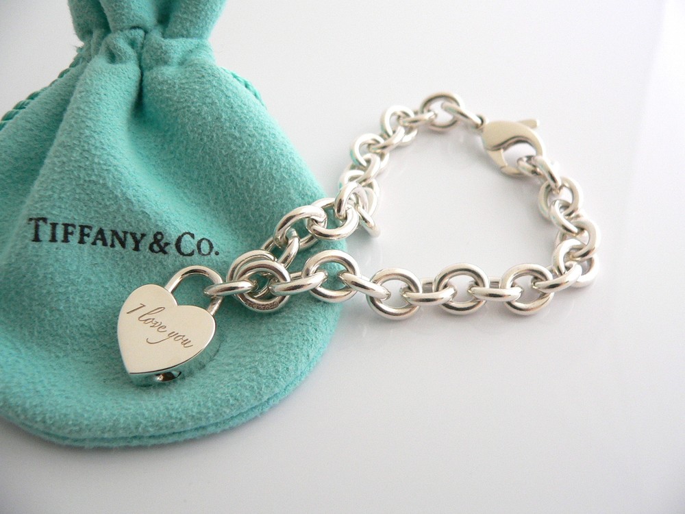Tiffany & Co Sterling Silver I LOVE YOU Heart Padlock Charm Bracelet with Gift Pouch