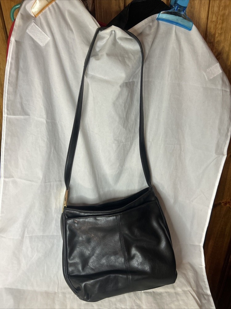 Black Faux Leather and Gold Accents Purse Cross-Body Style Strap