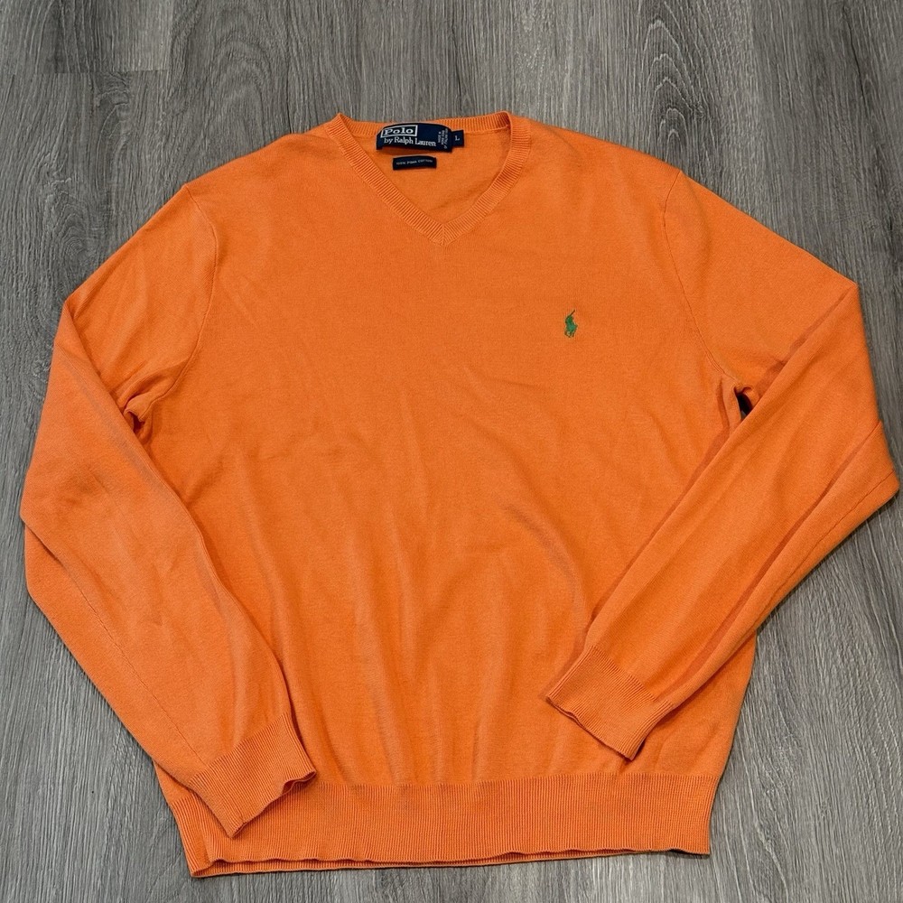 Vintage Polo Ralph Lauren Sweater Mens Large Orange Green Pony Pima VNeck