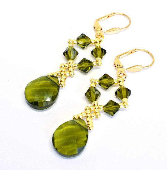 Genuine Olive Green Austrian Crystal Dangle Teardrop Earrings