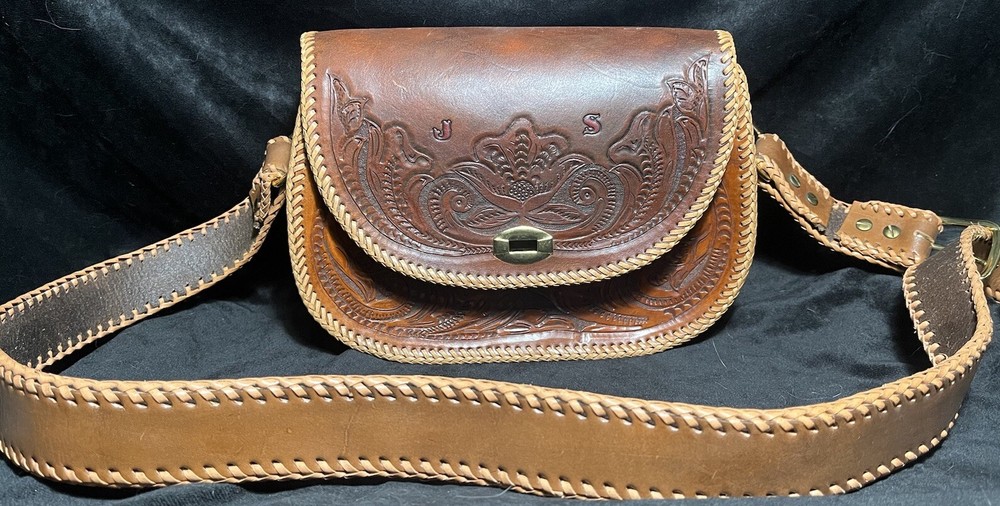 VTG Intricate Western Hand Tooled Leather “JS” Embossed Shoulder Purse Bag