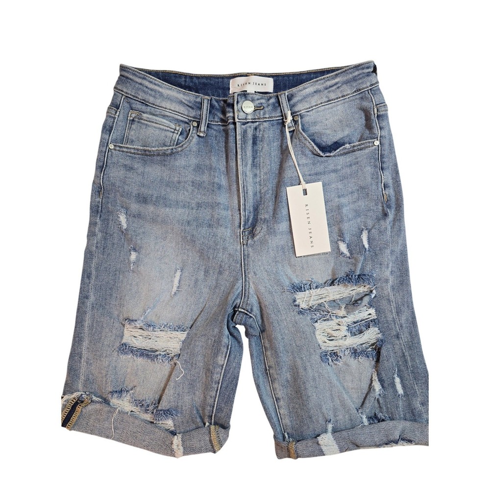 Risen Jeans Womens Distressed Bermuda Shorts Light Wash Cuffed Denim Large New