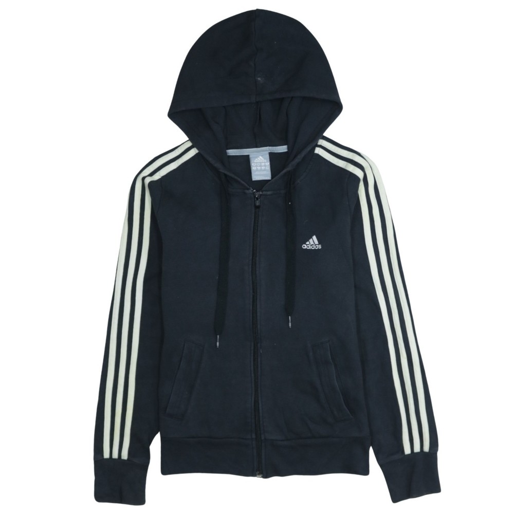 Adidas Womens Hoodie Black Fleece Full Zip Hooded Three Stripes Logo Pocket M