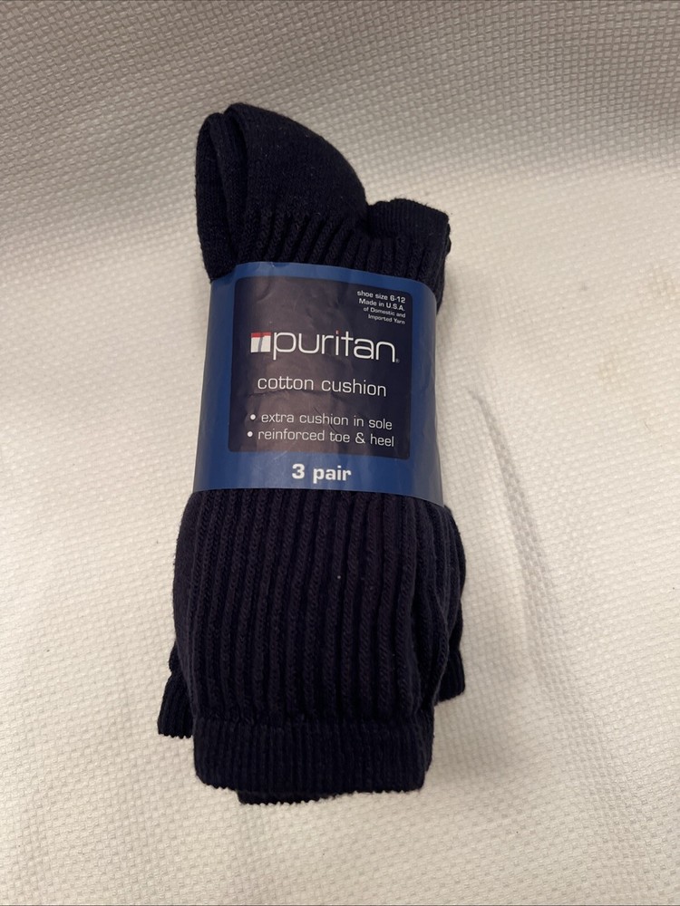 Mens Navy Puritan Cushion Crew Socks 3 Pack with Extra Cushion Size 6-12