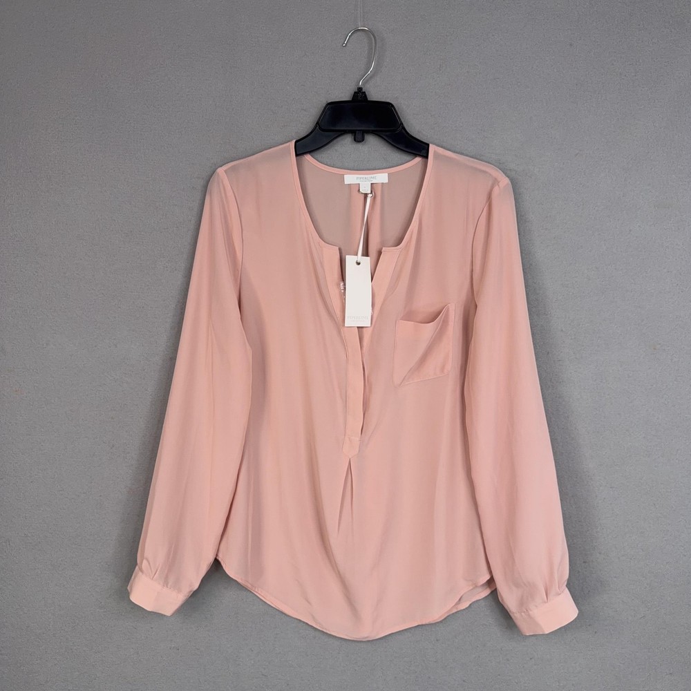 Piperlime Collection Blouse Womens Large Pink Henley Long Sleeve Chiffon Top NWT