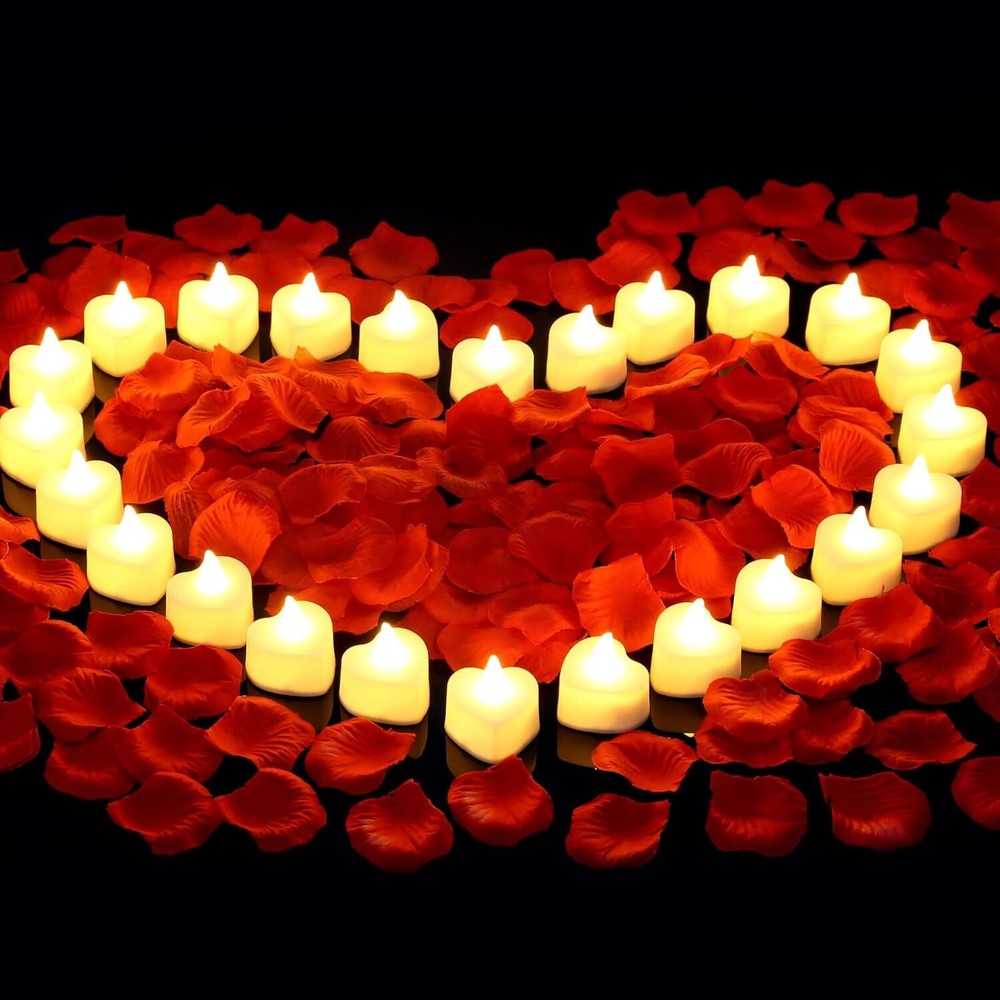 24 LED Flameless Candles with 2000 Rose Petals for Weddings Parties Romantic Events