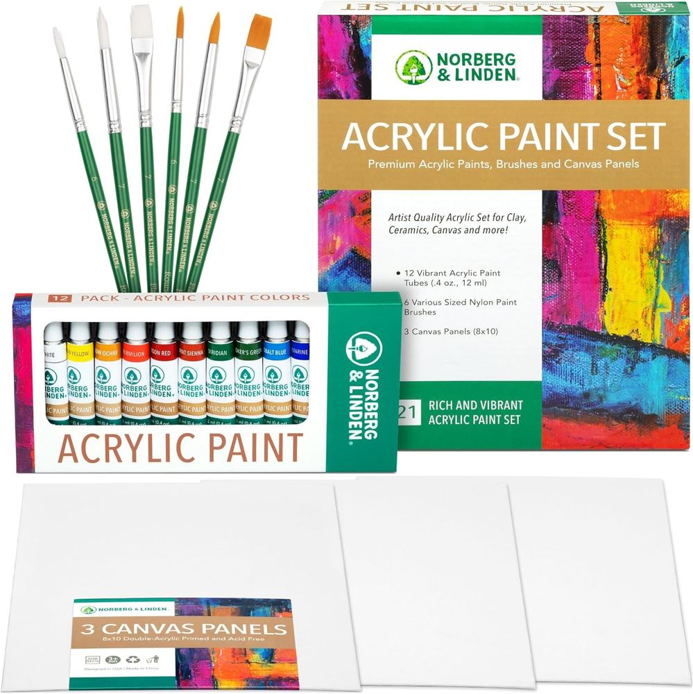 Acrylic Paint Set -12 Acrylic Paints, 6 Paint Brushes for Acrylic Painting, 3 Pa