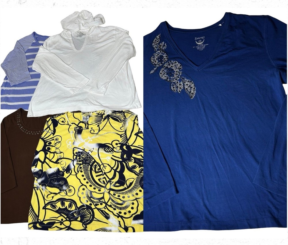 5pc Lot Chico’s Pullover Tops Sz 3 (XL) Blue White Floral Solid Striped Hoodie
