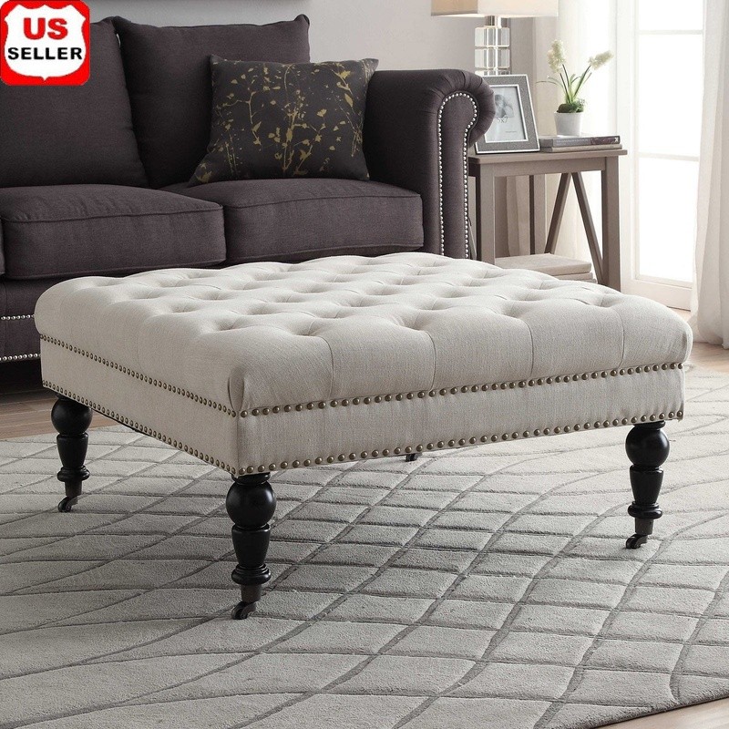 Tufted Square Ottoman Coffee Table Natural Linen Burnished Bronze Indoor Storage