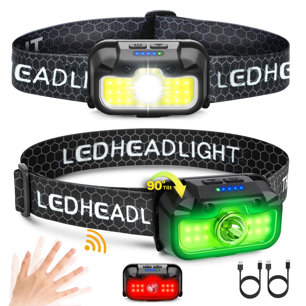 2 Pack 1300 Lumen Rechargeable Headlamp - Lightweight Bright White & Green Light