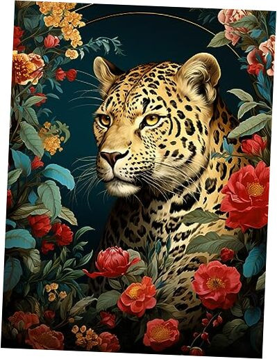 5D Diamond Art Kits for Adults Leopard Flower by Number Kits, Diamond