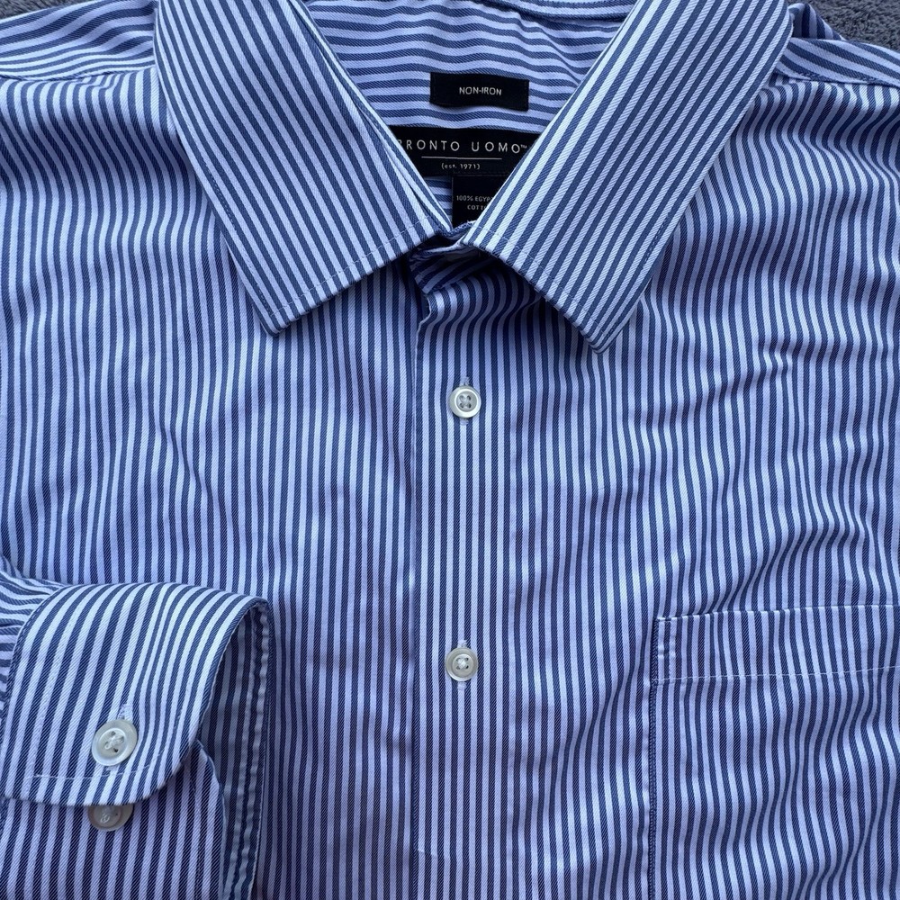 PRONTO UOMO Mens Dress Shirt 18 (34/35) White Blue Striped Egyptian Cotton