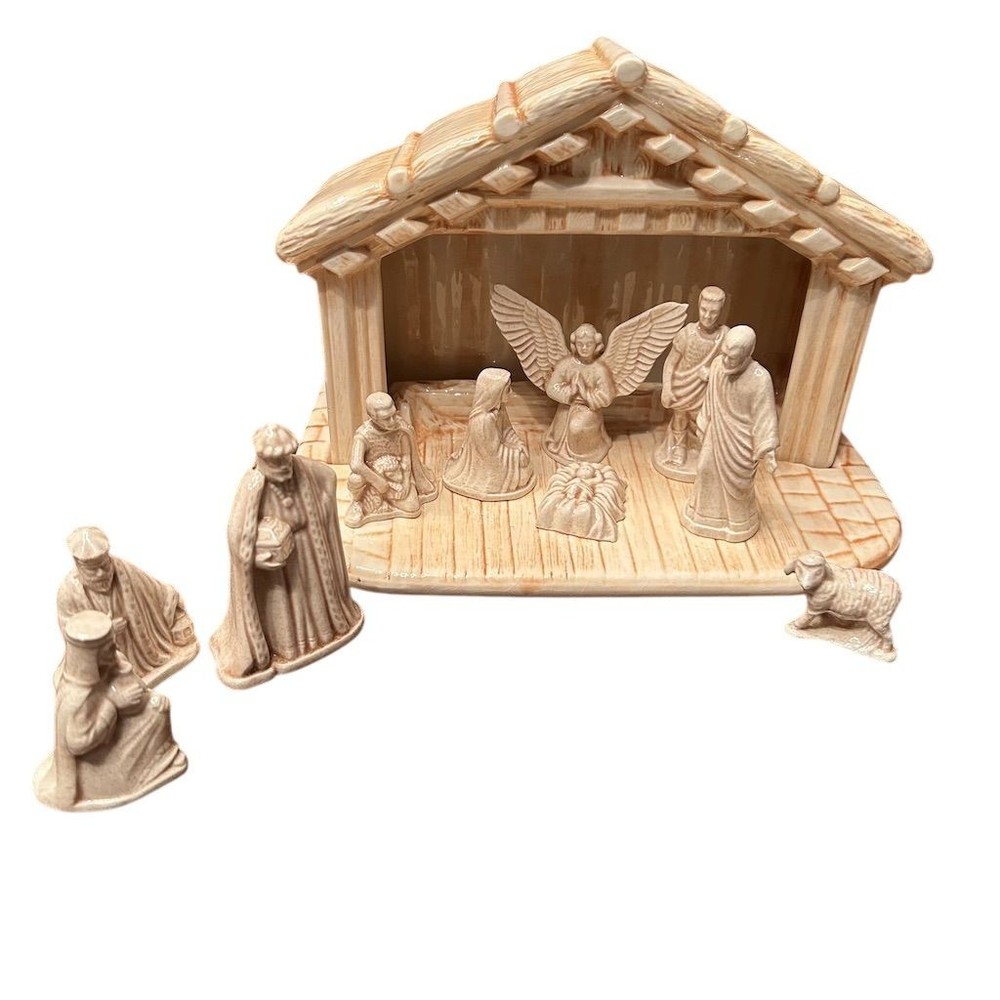 Vtg 80s Handcrafted Ceramic Nativity Manger 10 Piece Christian Decor Christmas