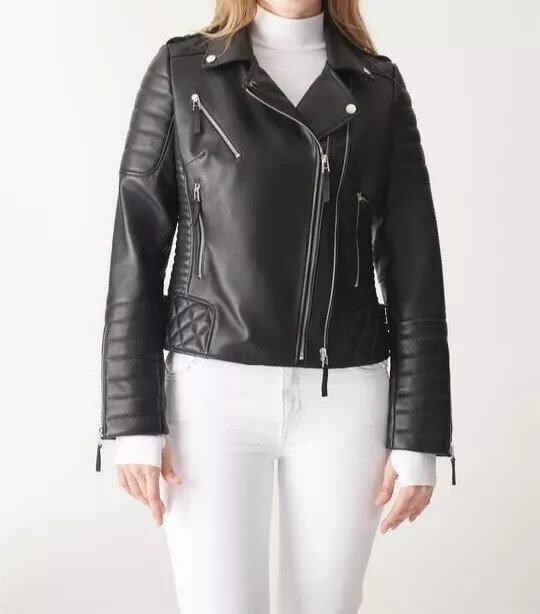 Women's Classic Black Moto Leather Jacket 100%Real Lambskin Quilted Biker Jacket