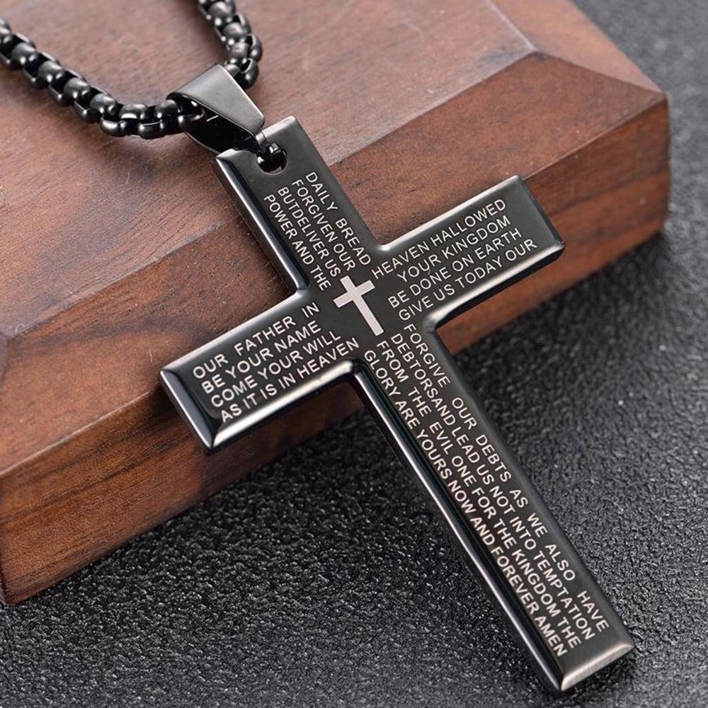 Men's Steel Cross Pendant Necklace with Lord's Prayer Bible Chain - Z4D7