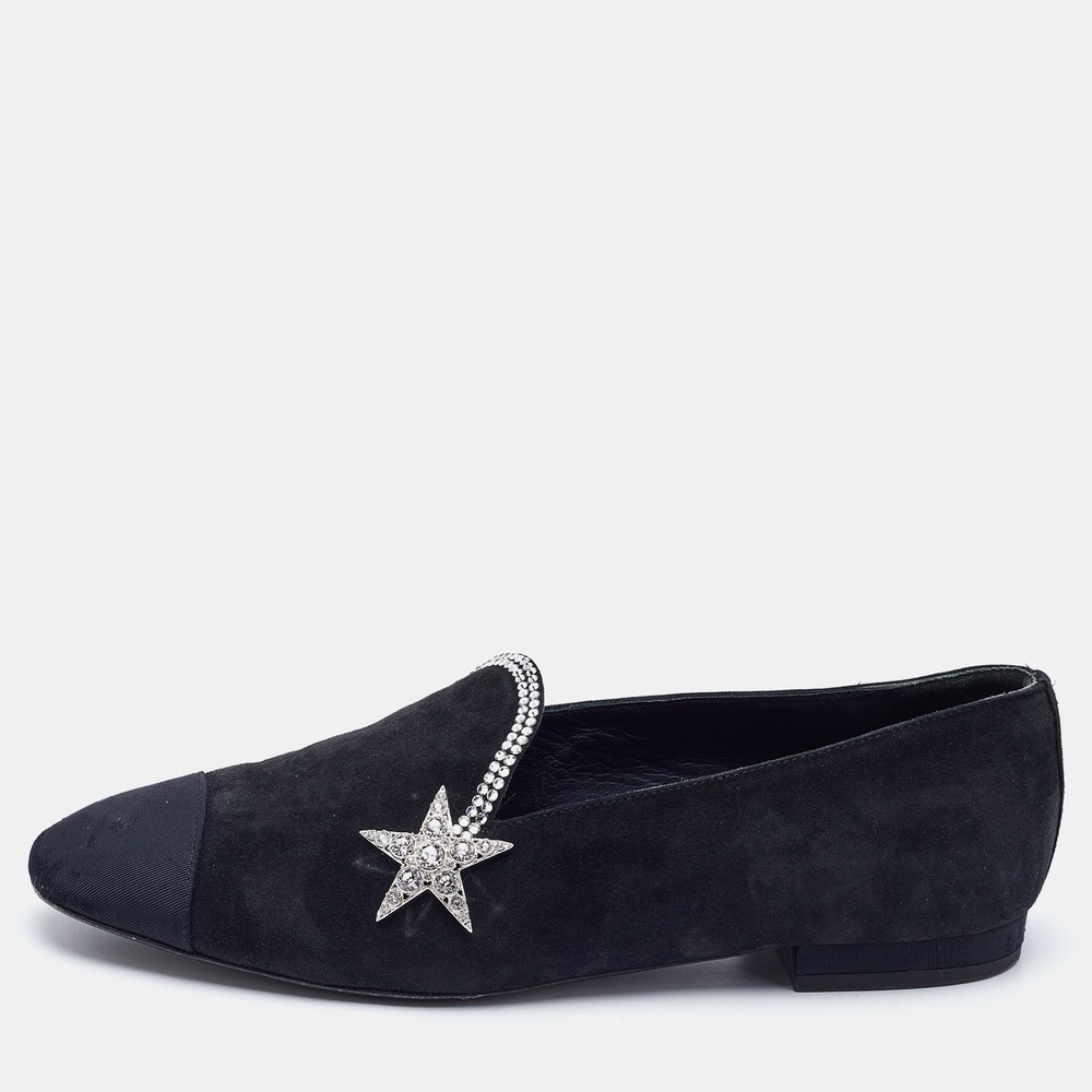 Chanel Black Canvas Suede Crystal Embellished Star Ballet Flats