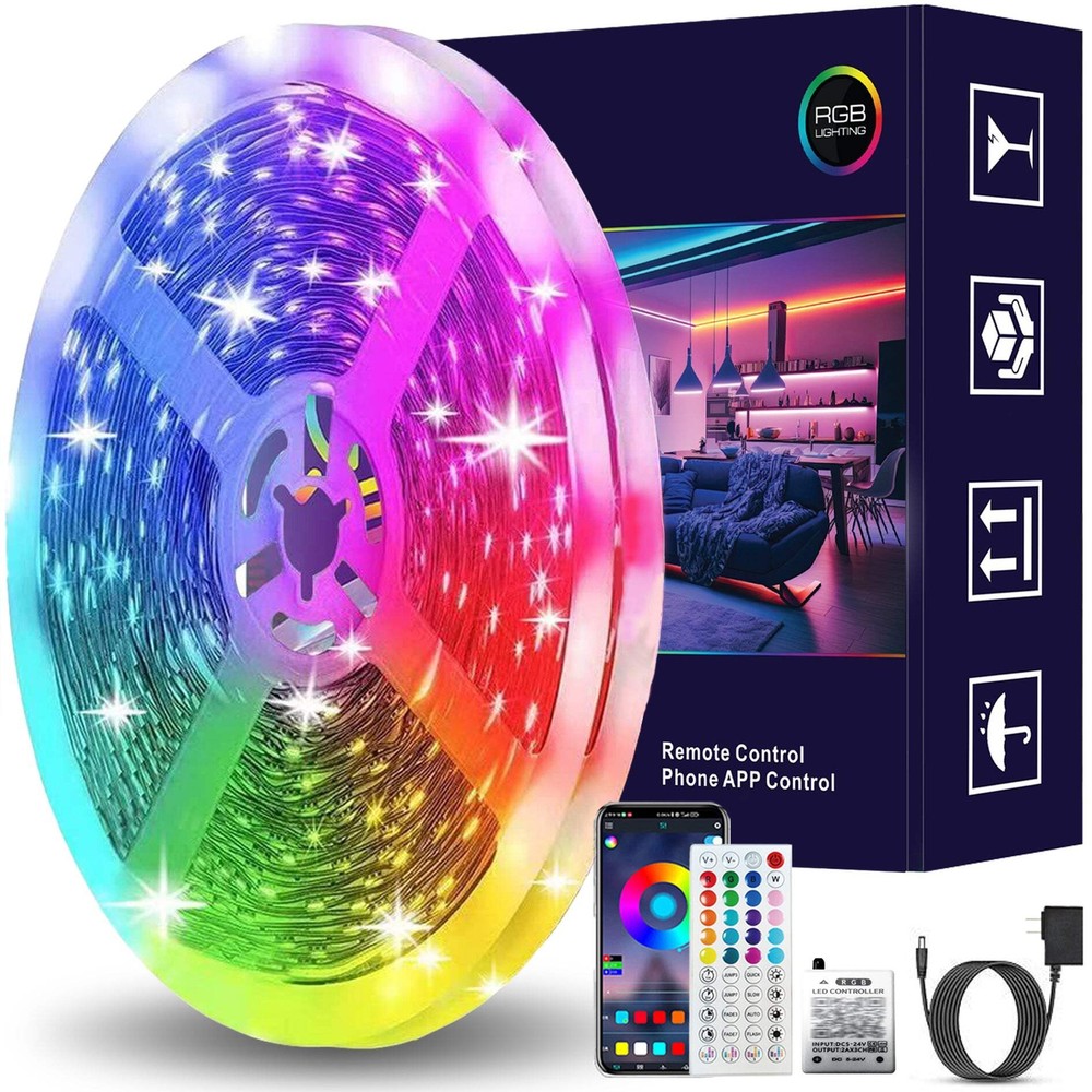 RGB LED Strip Lights 100ft - Remote & App Control, Music Sync, Waterproof, DIY