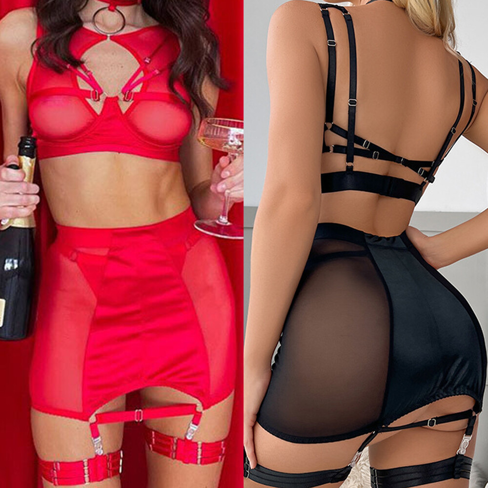 Sexy Lace Lingerie Set with Bustier Garter Skirt and G-String Panty