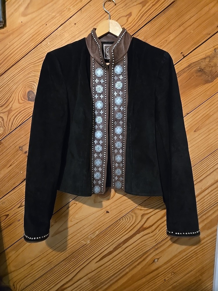 Double D Ranchwear Black Leather Jacket with Brown Accent Cross Studs Open Front-image