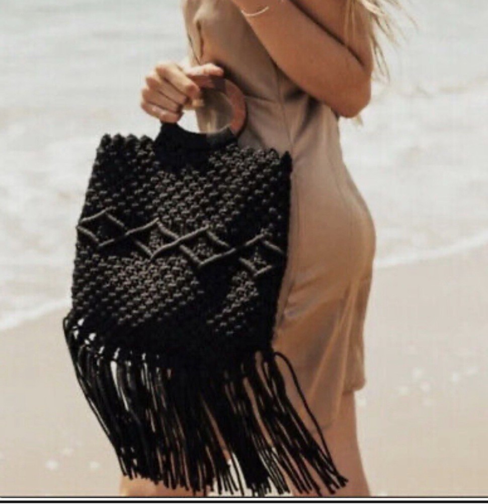 DANIELLE NICOLE Black Macrame Crochet Woven Wood Fringed Handbag Crossbody