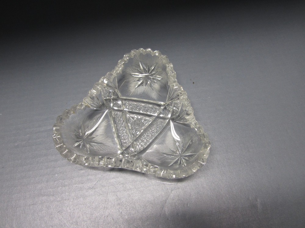 Vintage EAPG Cut Glass Triangle Candy Dish with Stars Hobnail Fan Sawtooth Design
