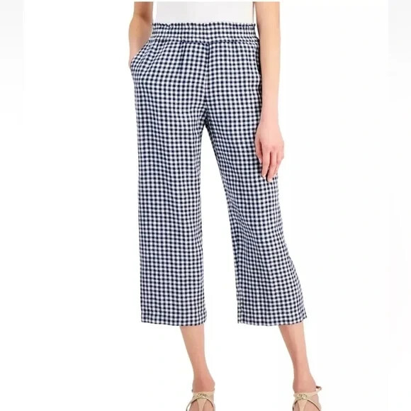Charter Club Cropped Linen Pull On Elasticwaist Pants Blue Gingham Size PM NWT