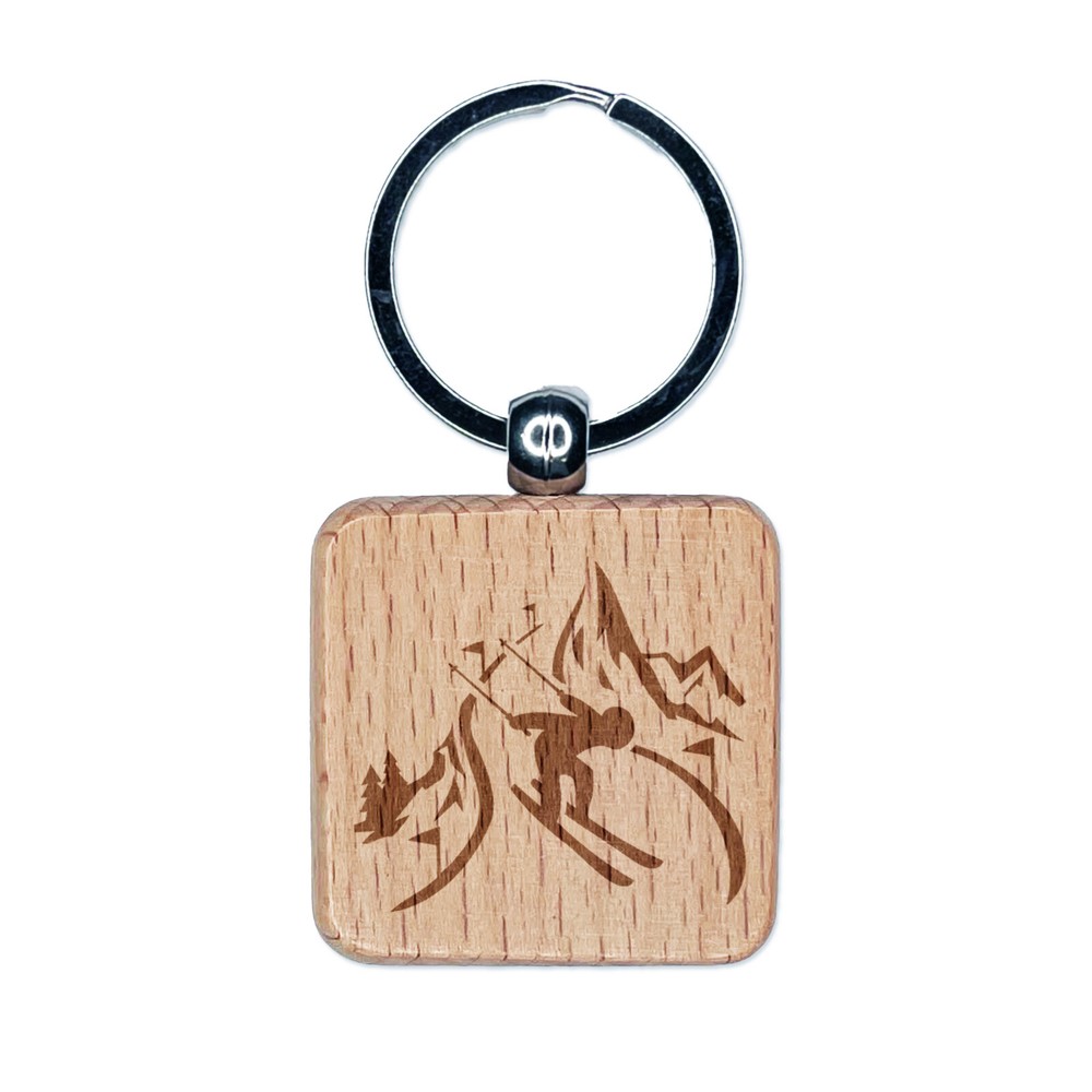 Engraved Wooden Skiing Keychain with Skier on Mountain Slopes