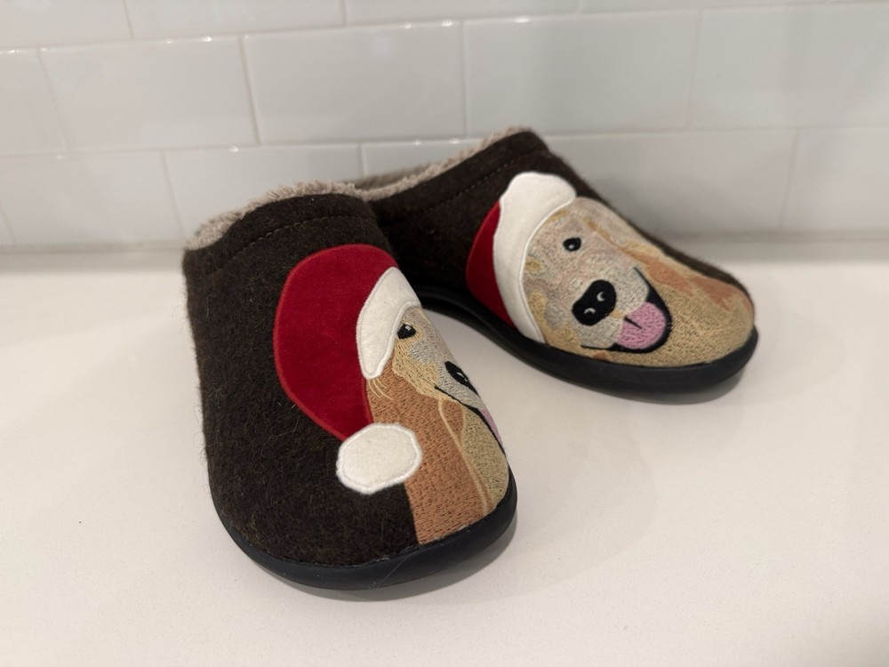 LL Bean Slippers Womens 10M Brown Daybreak Scuffs Christmas Santa Dog Fur Lined