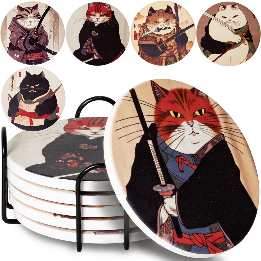 Gifts for Cat Lovers - Ninja Cat Coasters - Anime Cat Decor - Set of 6 Drink ...