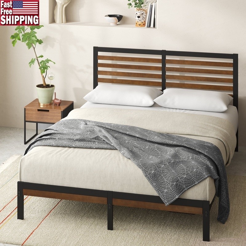 Bamboo Metal Queen Bed Frame Easy Assembly No Box Spring Needed 35 Inch Height