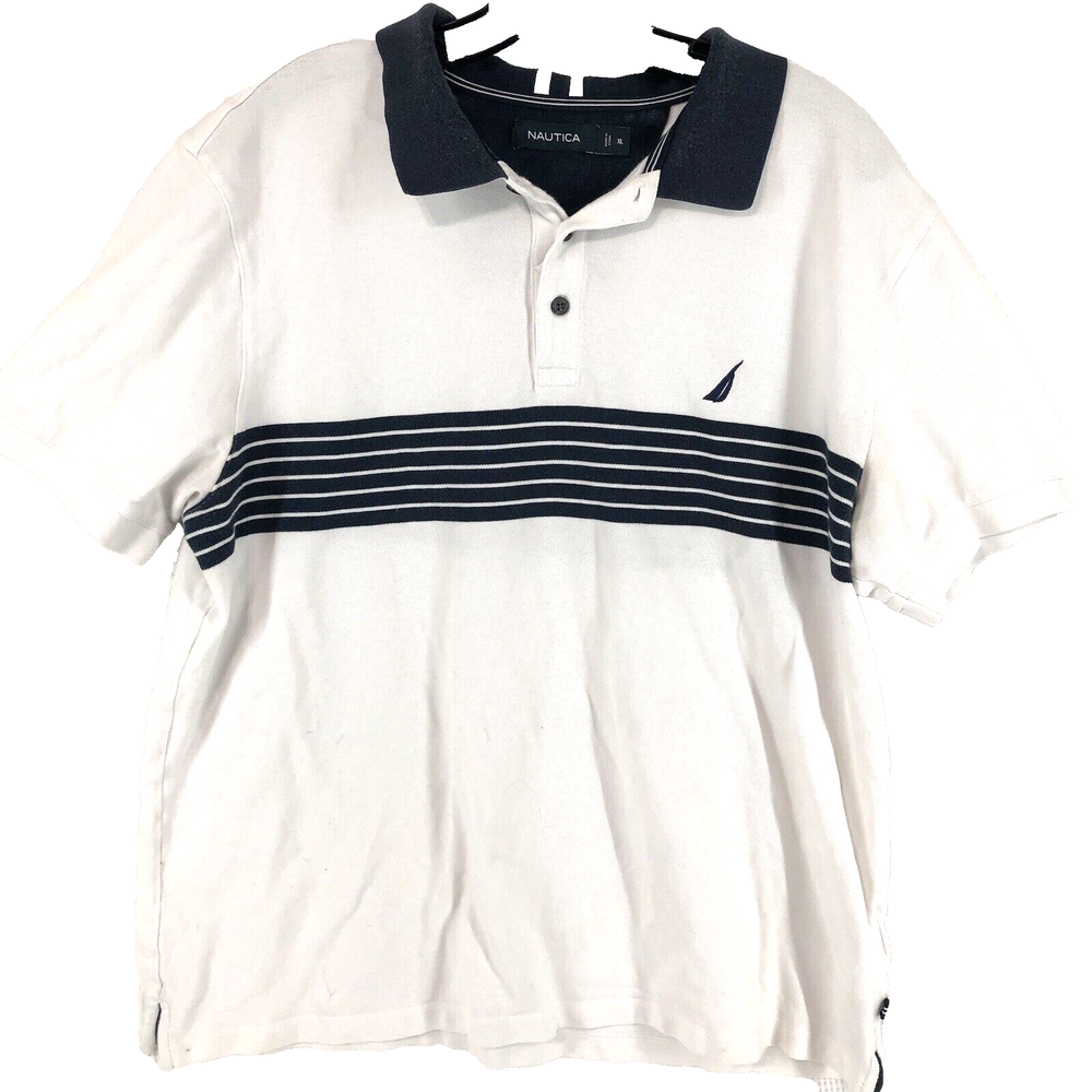 Nautica polo shirt men’s XL White Blue Collar Stripes side slits sail fish