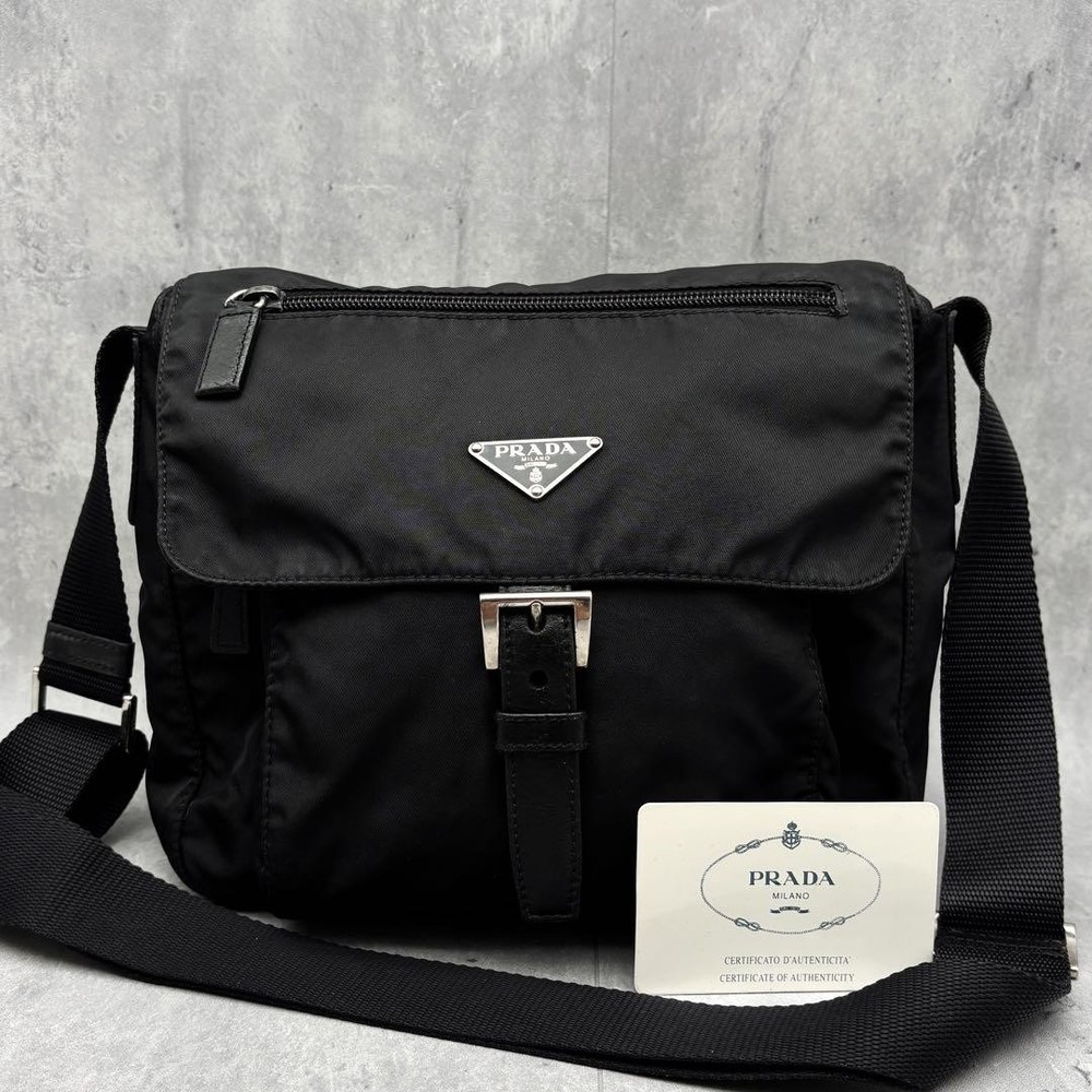 Prada Black Nylon Shoulder Bag with Silver Triangle Logo Crossbody  