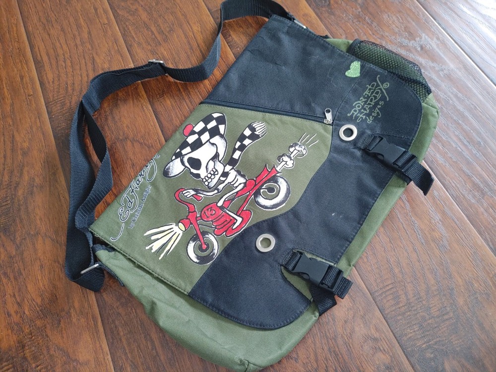 Ed Hardy Y2K skeleton on motorcycle green messenger bag Laptop bag Tech storage
