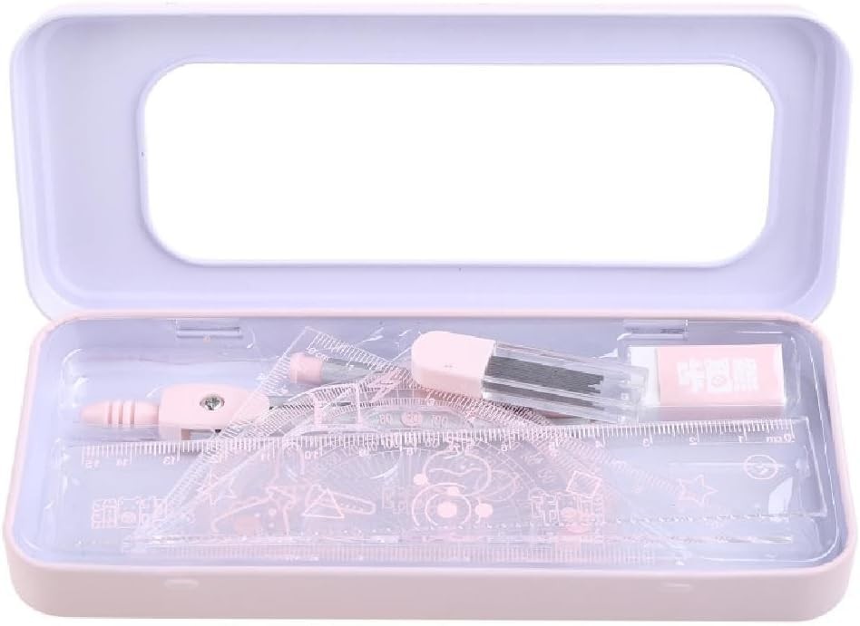 7Pcs Pink Geometry Drafting Tools Set with Compass Protractor and Portable Case