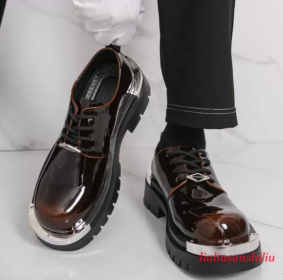 Men's Shiny Leather Thick Sole Metal Big Round Toe Derby Leather Platform Shoes