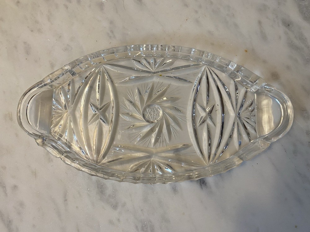 Vintage Etched Crystal Relish Dish with Handle 9.5x5 Inches